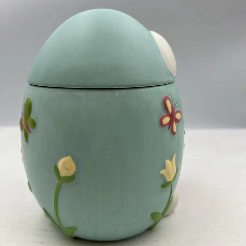 2010 Jelly Bean Candy Ceramic Blue Egg Carrot‎ Bunny Jar w Lid Easter
